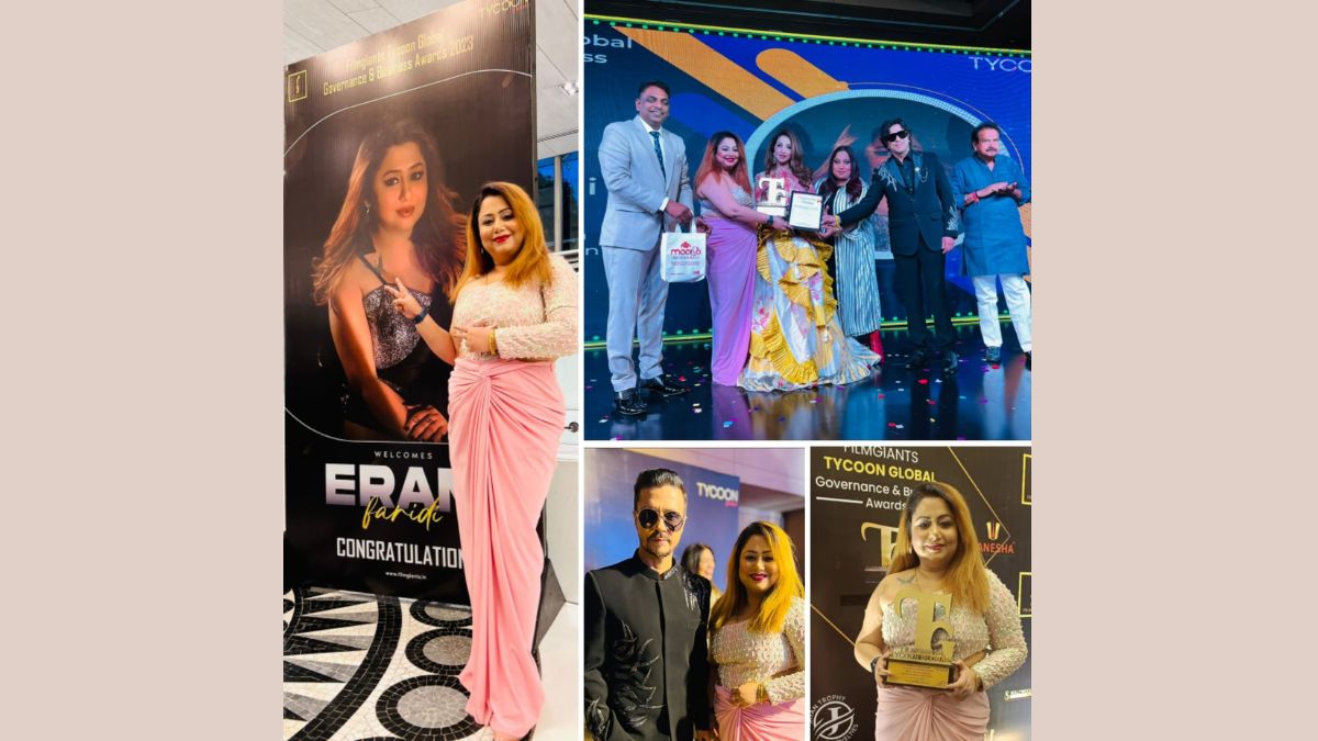 Krishika Lulla gives serial entrepreneur Eram Faridi the Tycoon Global & Filmgiant Award for Best Producer of the Year