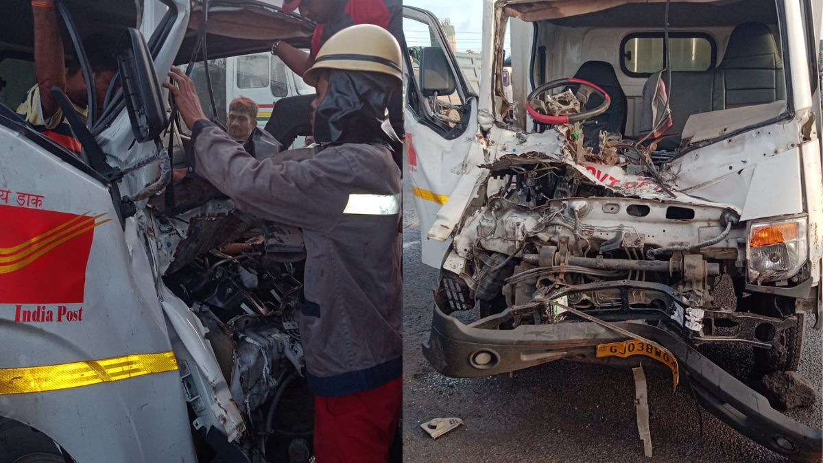AM/NS India's Security and Fire Crew Rescue Trapped India Post Van Driver in Surat-Hazira Road Crash