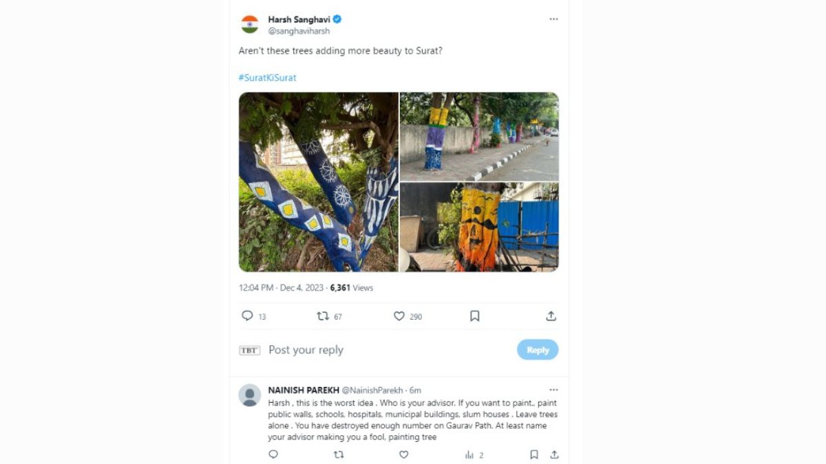 Surat : Home Minister draws flak for sharing pictures of Trees Painted for Beautification 
