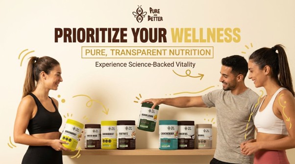 People choosing Pure and Better nutrition supplements on a shelf, promoting science-backed wellness, clean ingredients, and transparent daily health support.