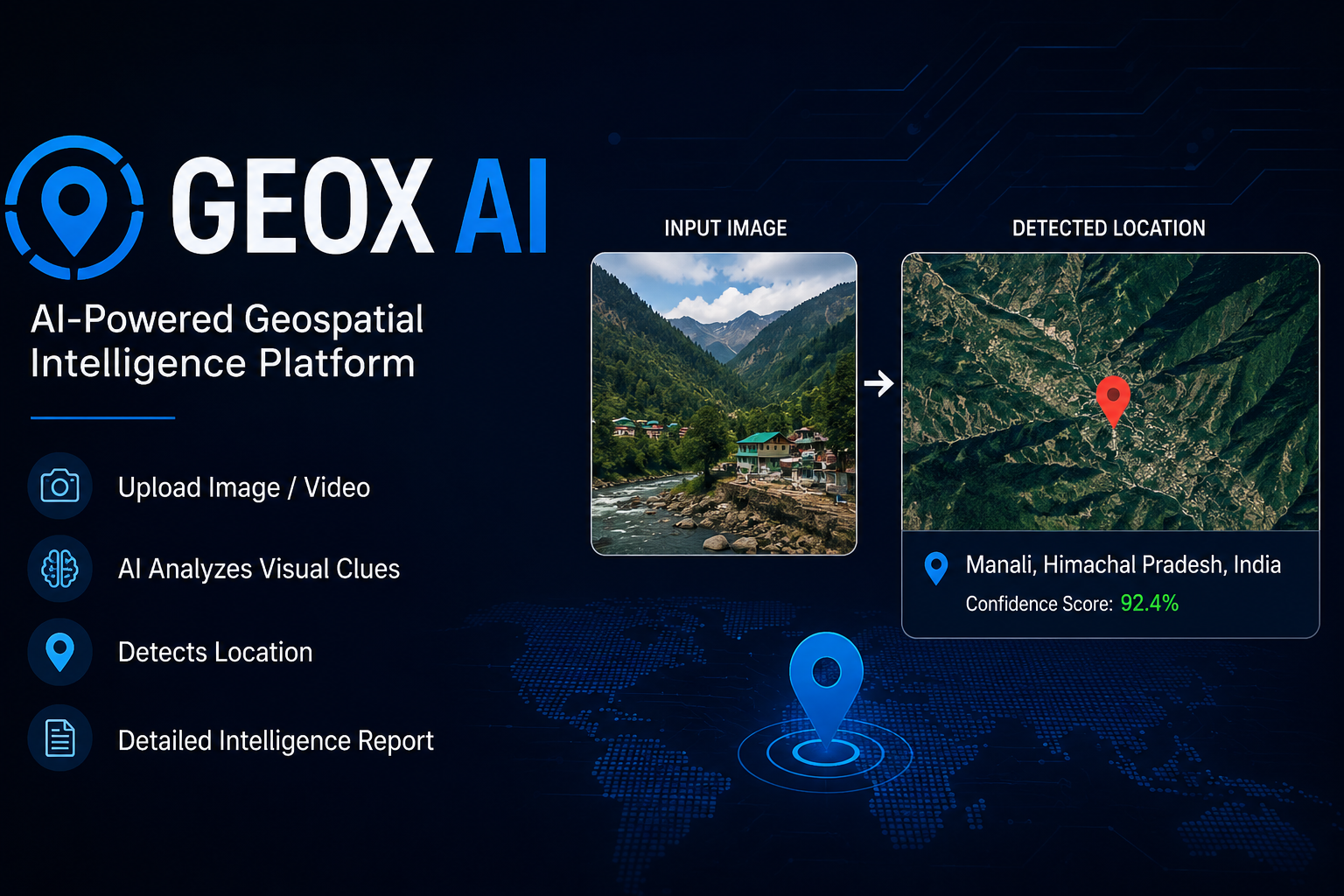 GEOX AI by TraceX Labs showing AI-powered geolocation and visual intelligence mapping technology