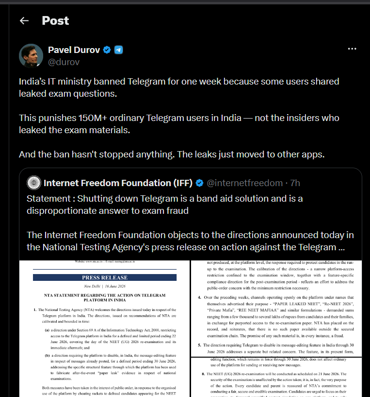 Telegram CEO Pavel Durov Says India Has “Punished” 150 Million Users With Temporary Ban