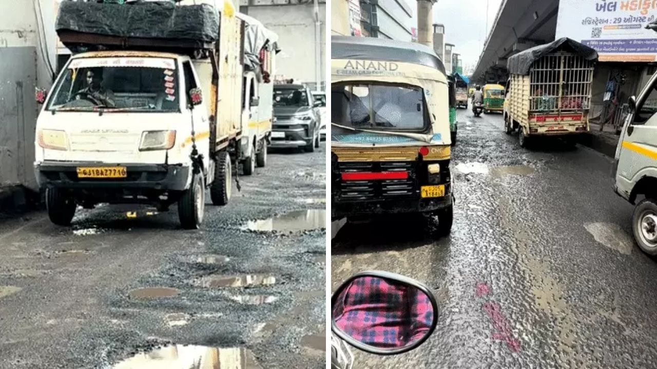 Surat’s ‘Moon Driving’ Nightmare: Crater-Like Potholes Hit Textile Hub Surat Ring Road potholes, the blunt times